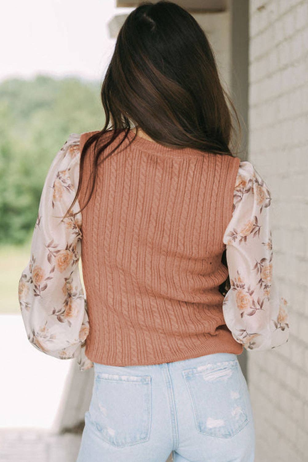 Fleece Floral Patchwork Ruffled Cuff Cable Knit Sweater