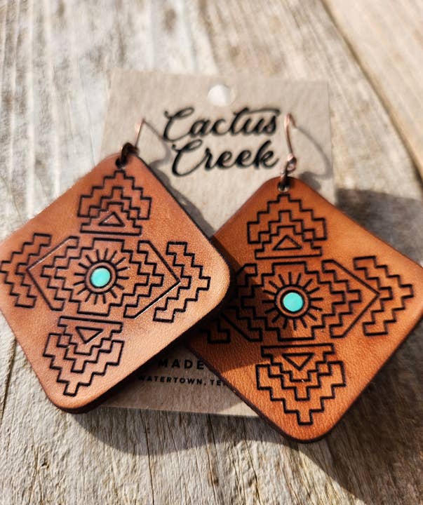 "Jacy" Handmade Tooled Leather Aztec Diamond Earrings