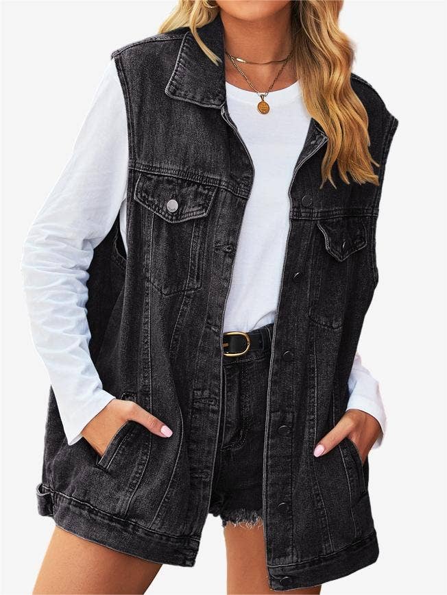 Solid Button Down Sleeveless Denim Vest