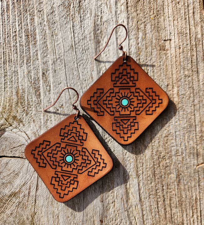 "Jacy" Handmade Tooled Leather Aztec Diamond Earrings