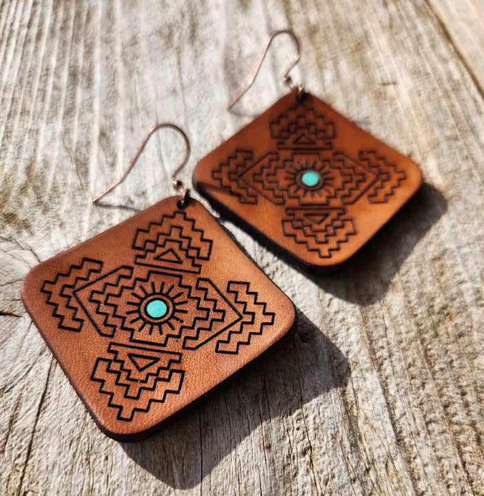 "Jacy" Handmade Tooled Leather Aztec Diamond Earrings
