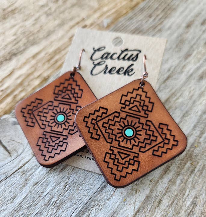 "Jacy" Handmade Tooled Leather Aztec Diamond Earrings