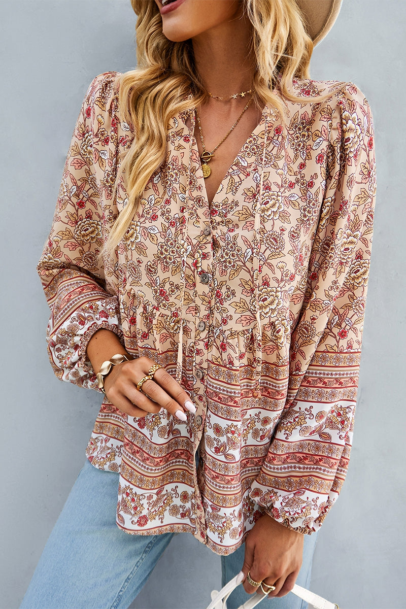 V-Neck Floral Print Loose Fit Top