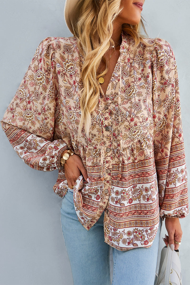 V-Neck Floral Print Loose Fit Top