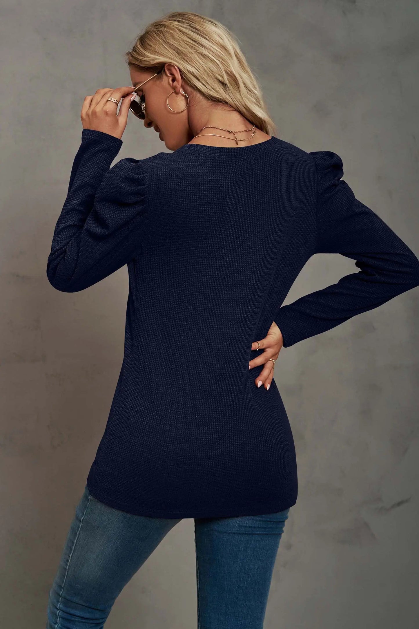 Pleated Shoulder Sweatershirt Puff Sleeve Navy Top