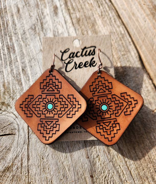 "Jacy" Handmade Tooled Leather Aztec Diamond Earrings