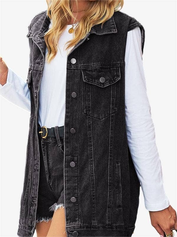 Solid Button Down Sleeveless Denim Vest