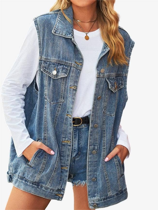 Solid Button Down Sleeveless Denim Vest