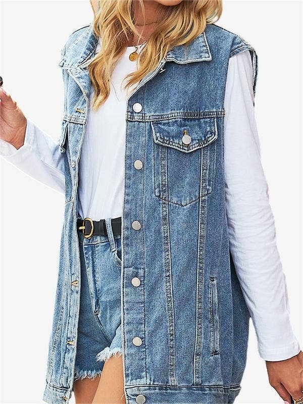 Solid Button Down Sleeveless Denim Vest