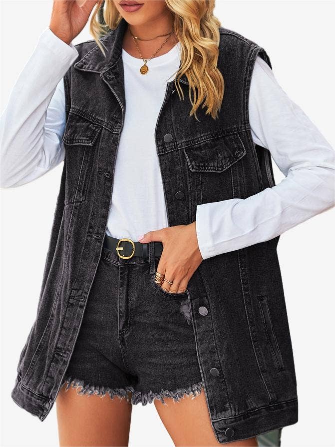 Solid Button Down Sleeveless Denim Vest