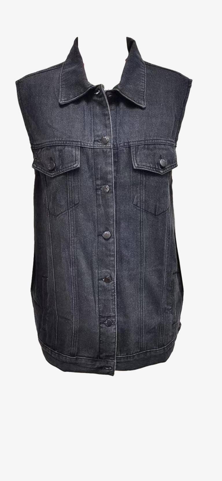 Solid Button Down Sleeveless Denim Vest