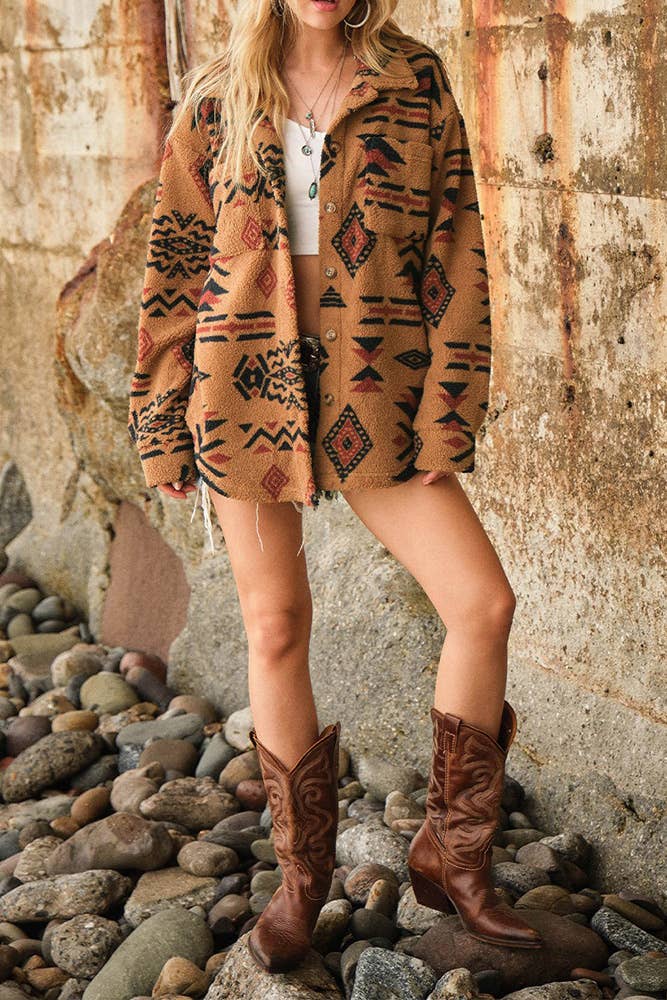 Aztec Print Button Up Western Fleece Jacket