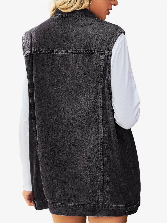 Solid Button Down Sleeveless Denim Vest