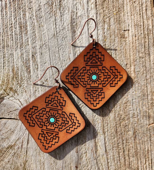 "Jacy"  Handmade Tooled Leather Aztec Diamond Earrings