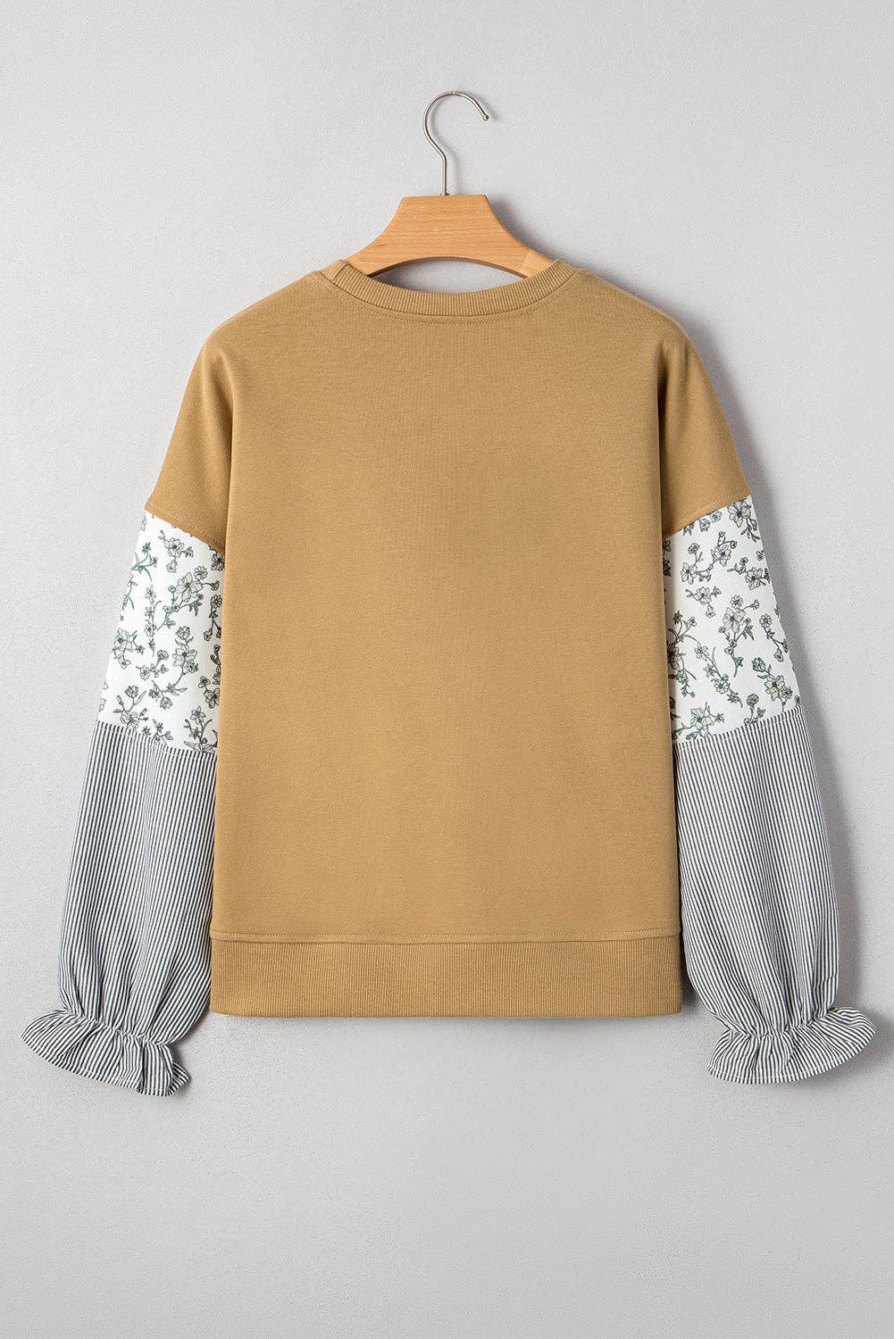 Floral Stripe Patchwork Ruffle Sleeve Crewneck Sweatshirt