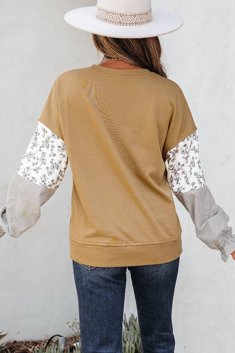 Floral Stripe Patchwork Ruffle Sleeve Crewneck Sweatshirt