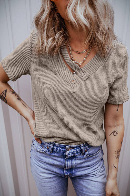 Ribbed Buttoned Strappy V Neck Tee
