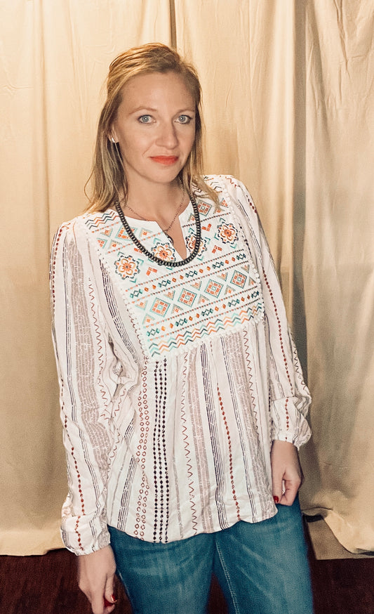 Stripe Notched Neckline Striped Aztec Embroidered Blouse