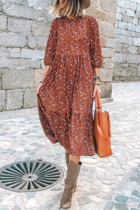 Floral 3/4 sleeve Ruffle Dress