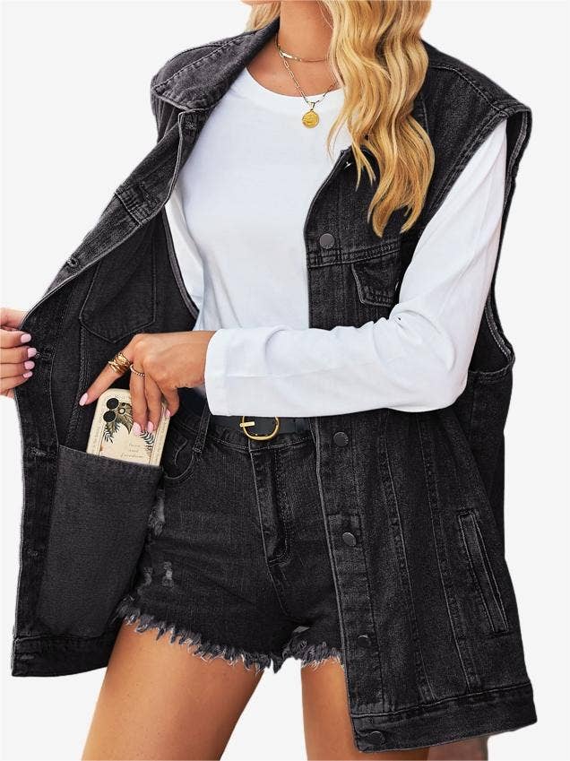 Solid Button Down Sleeveless Denim Vest