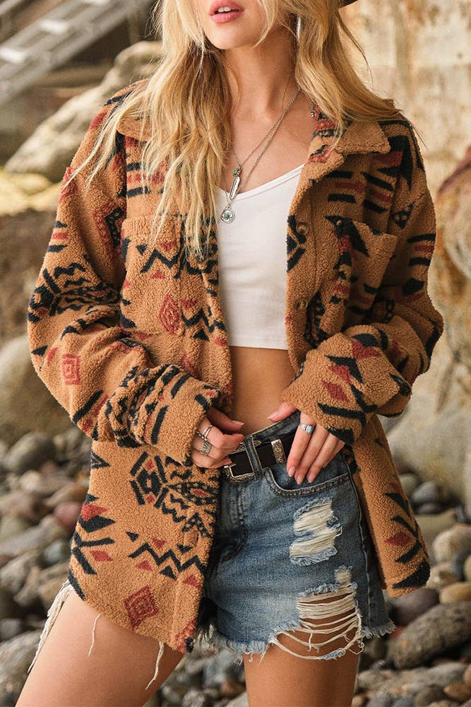 Aztec Print Button Up Western Fleece Jacket