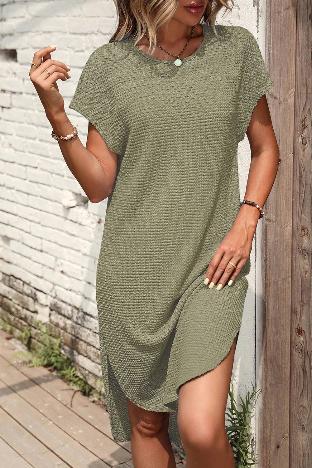 Waffle Texture Curved Hem Side Slit T-shirt Dress