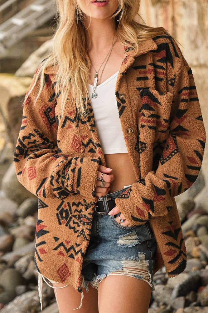Aztec Print Button Up Western Fleece Jacket