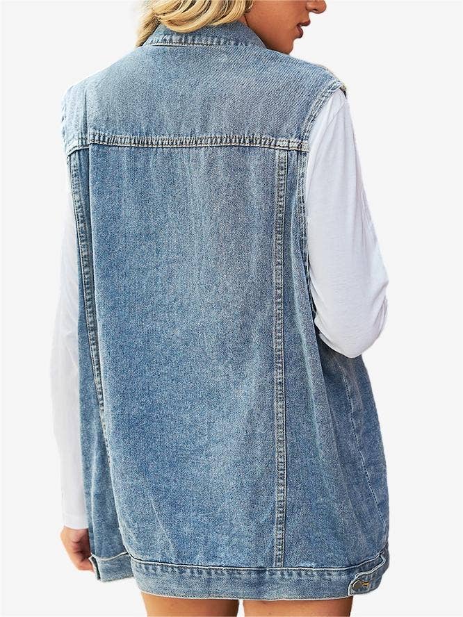 Solid Button Down Sleeveless Denim Vest