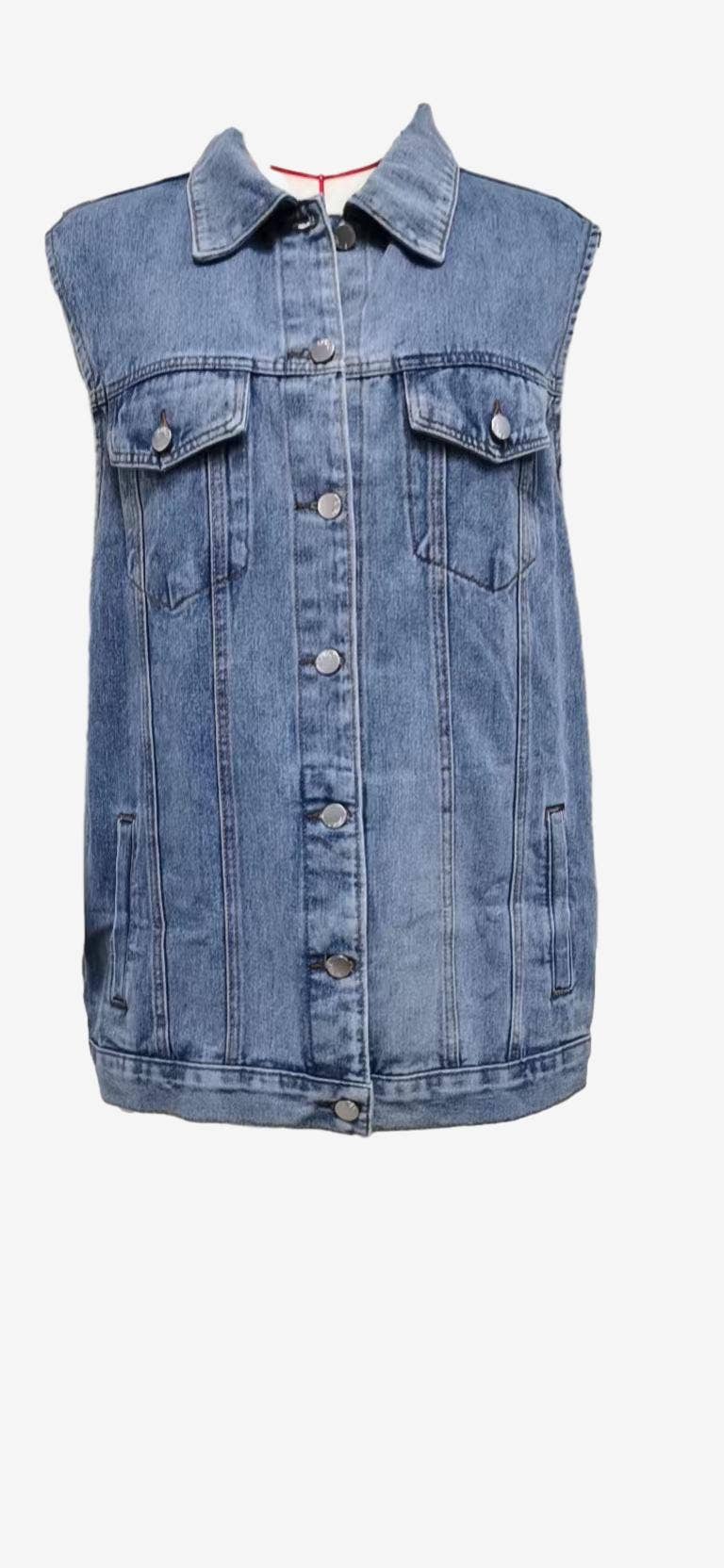 Solid Button Down Sleeveless Denim Vest