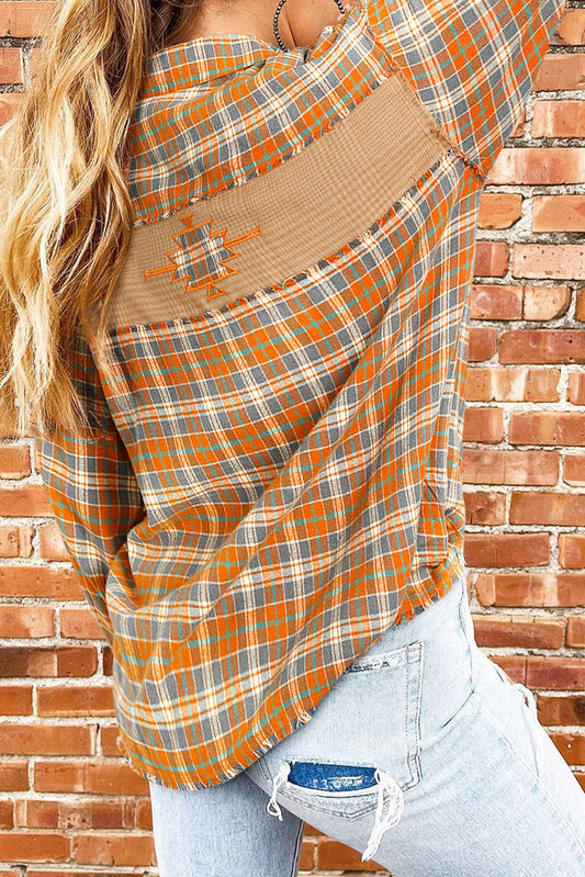 Plaid Embroidery Patch Button-Down Shacke