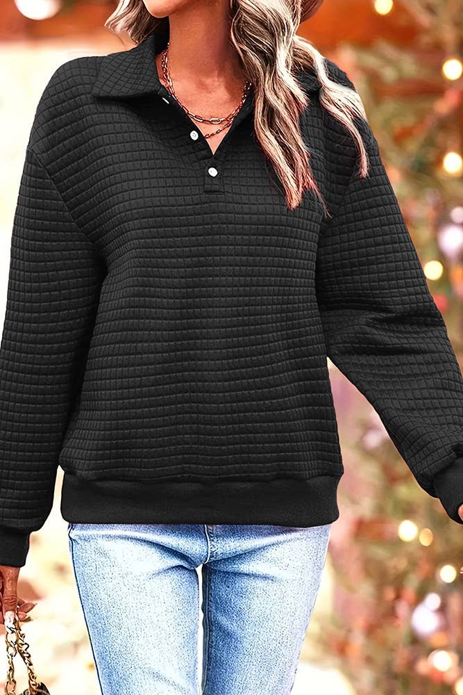 Waffle Knit Collar Button Pullover