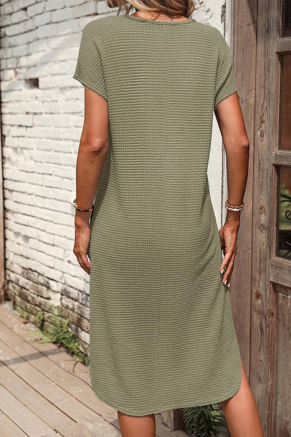 Waffle Texture Curved Hem Side Slit T-shirt Dress