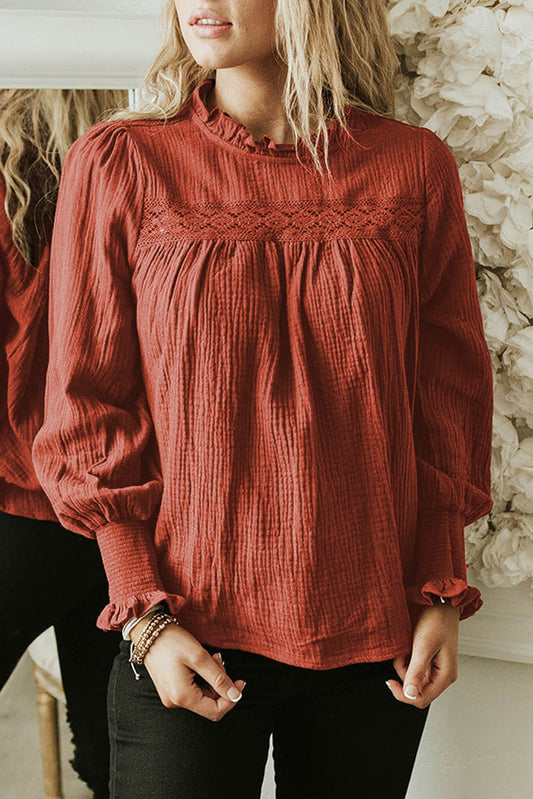 Ruffled neckline ruched crinkle top