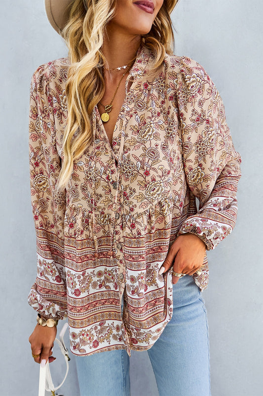 V-Neck Floral Print Loose Fit Top