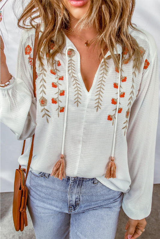 Floral embroidered tassel blouse