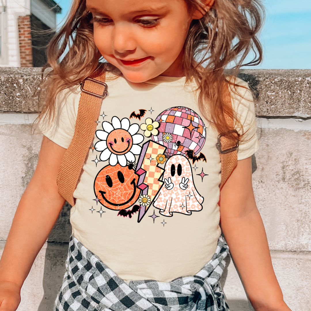 Kids Pink Retro Smiley Halloween tee