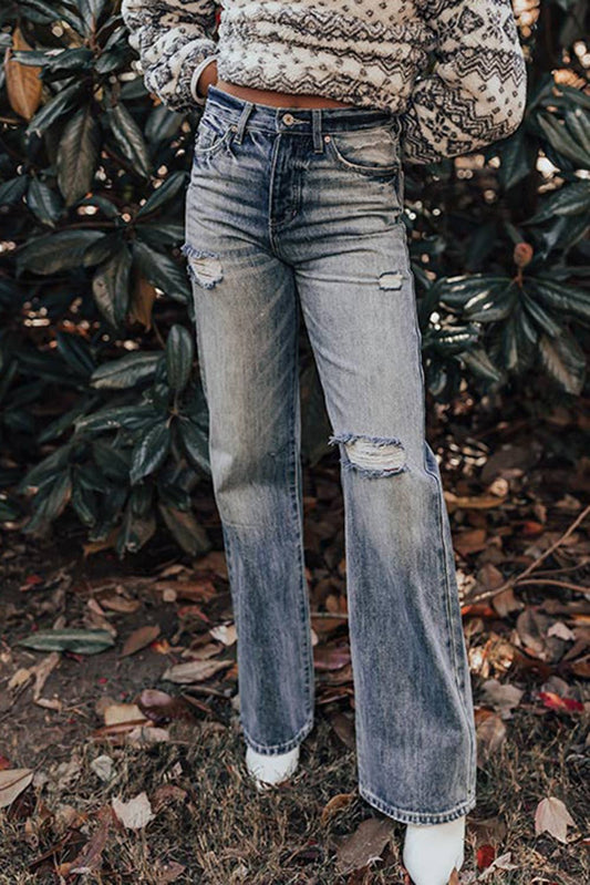 High Waist Distressed Straight Leg Washed Jeans