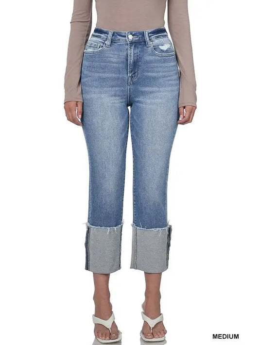 Super High Rise Raw Edge Cuffed Denim Jeans